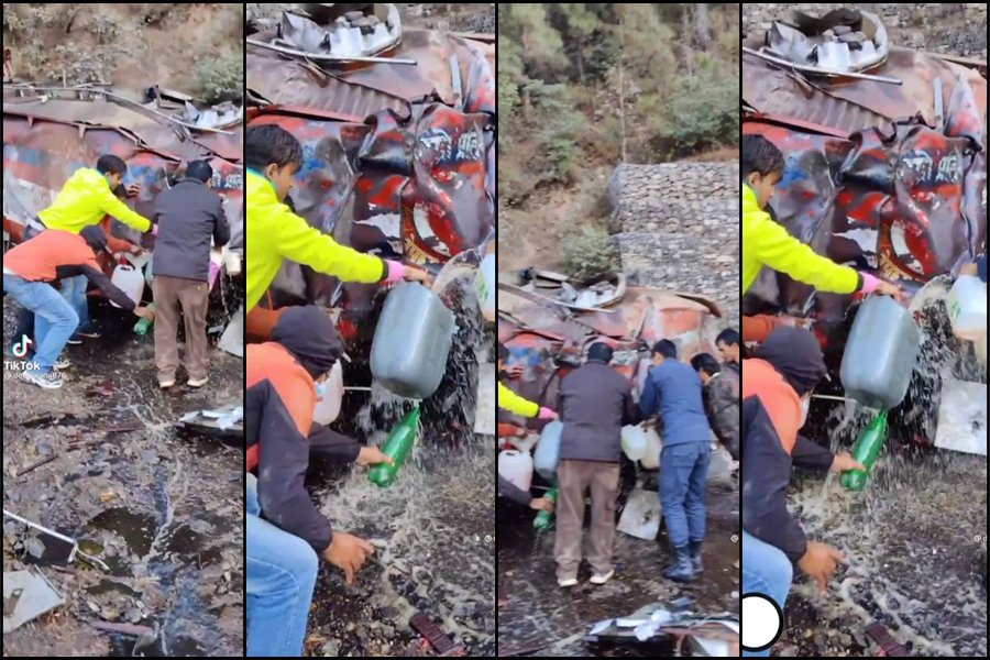 दुर्घटनाग्रस्त ट्यांकरबाट तेल भर्दै गरेको भिडियो भाइरल