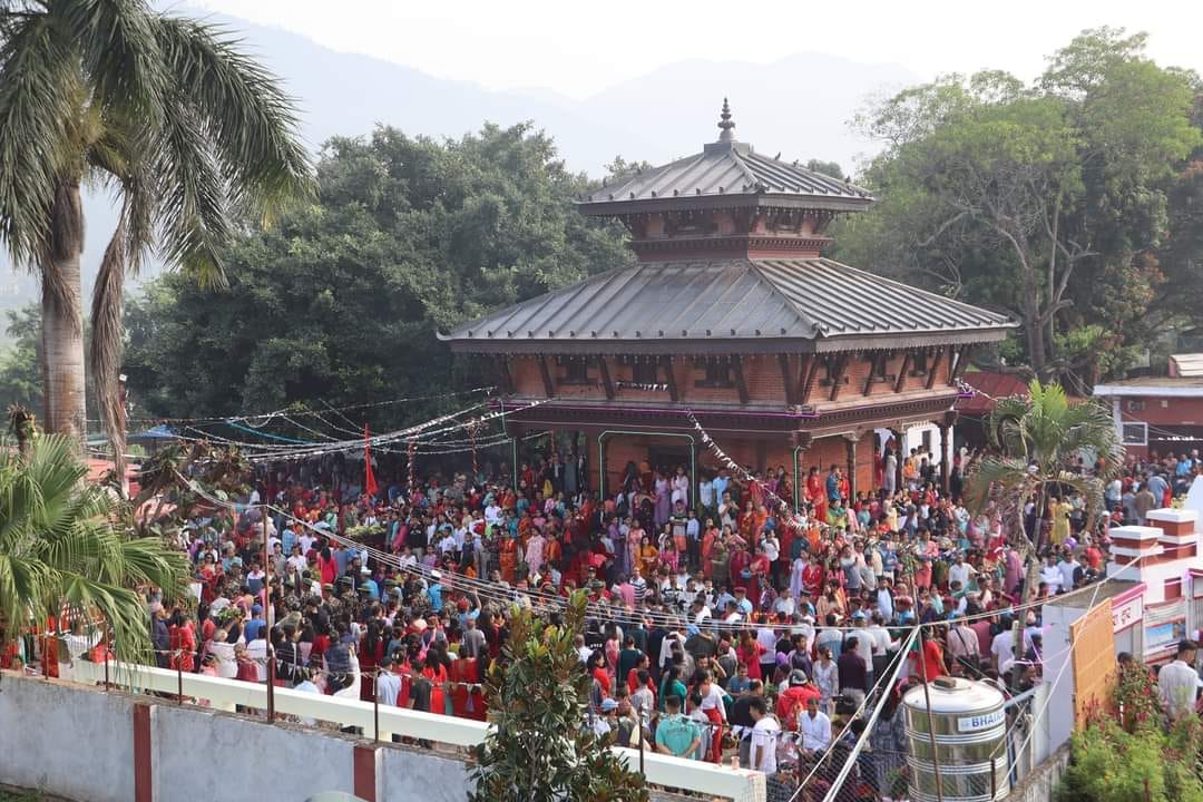 अम्बिकेश्वरी मन्दिर अम्बापुरमा पूजाअर्चना गर्न र फूलपाती भित्र्याउँदा।
