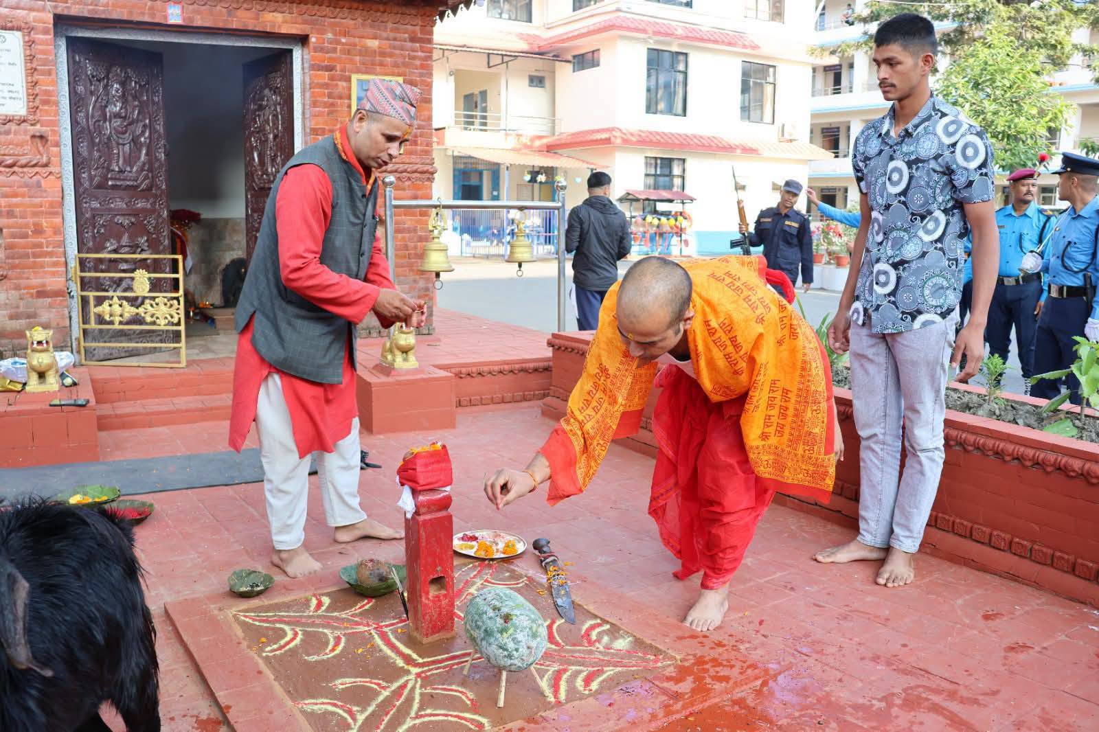 इन्सपेक्टर हरि ओलीद्वारा ललितपुर प्रहरी परिसरमा बडादसैँका अवसरमा मौलो पूजा